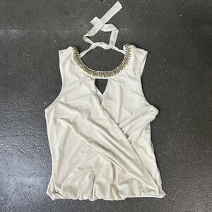 Bebe Tank Top Womens XS White Embellished Halter Beaded Rhinestone Bubble Hem